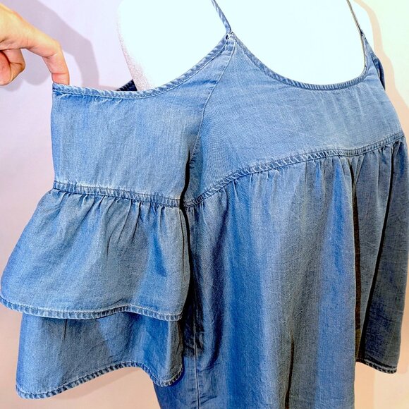 Walter Baker | Lyocell Cold Shoulder Blue Ruffle Sleeve "Tara" Top | Medium - Picture 3 of 14